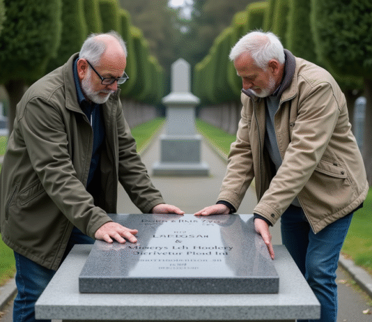 Homme et femme déposant une plaque funéraire en granit dans un cimetière paisible