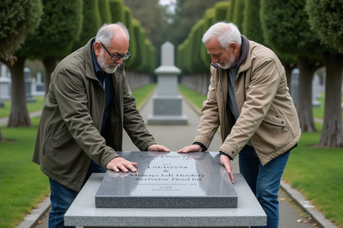 Homme et femme déposant une plaque funéraire en granit dans un cimetière paisible