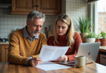 Prêt hypothécaire : Contraintes et implications à connaître avant d’engager Couple d'adultes examinant des documents de prêt immobilier dans une cuisine chaleureuse