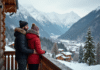 Trouver la location de vacances idéale à la montagne : conseils et astuces pour un séjour réussi Jeune couple en hiver sur un balcon de chalet avec vue sur la vallée alpine
