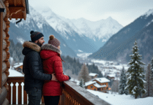 Trouver la location de vacances idéale à la montagne : conseils et astuces pour un séjour réussi Jeune couple en hiver sur un balcon de chalet avec vue sur la vallée alpine