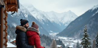 Trouver la location de vacances idéale à la montagne : conseils et astuces pour un séjour réussi Jeune couple en hiver sur un balcon de chalet avec vue sur la vallée alpine