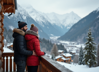 Trouver la location de vacances idéale à la montagne : conseils et astuces pour un séjour réussi Jeune couple en hiver sur un balcon de chalet avec vue sur la vallée alpine