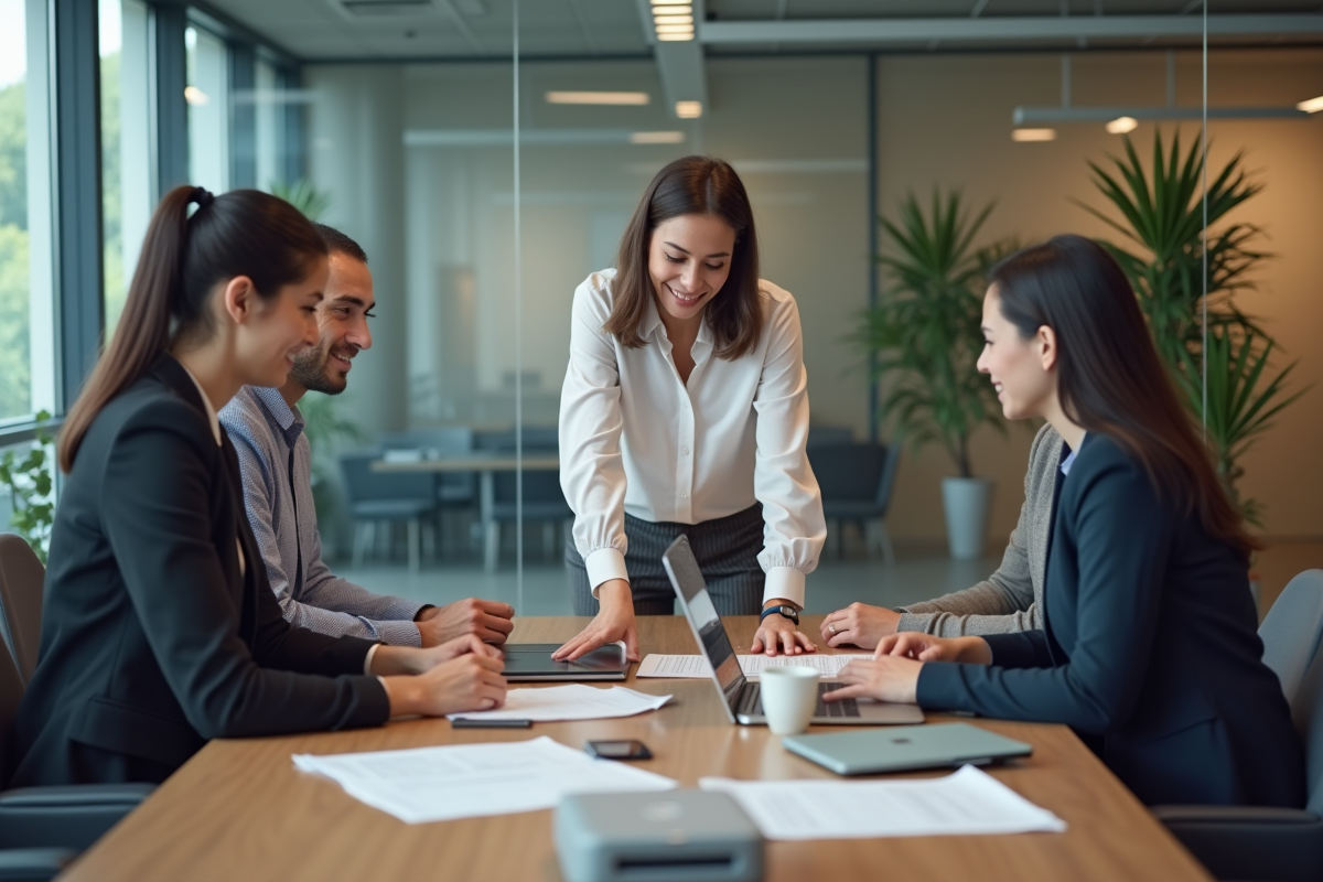 Jeune femme montrant la gestion de documents sur un ordinateur portable