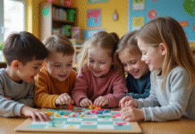 Groupe d'enfants jouant à un jeu éducatif en classe