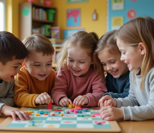 Groupe d'enfants jouant à un jeu éducatif en classe
