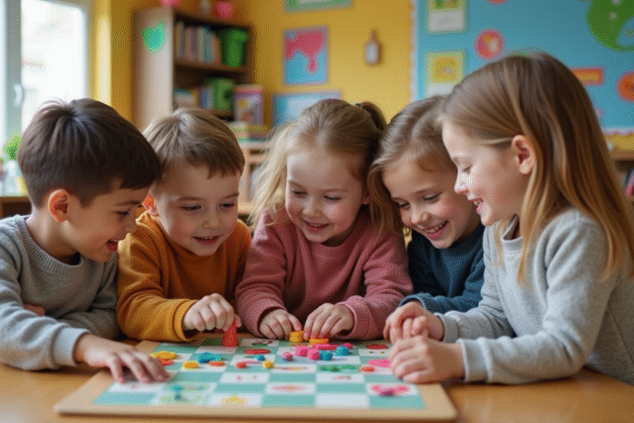 enfants-jeu-educatif-salle-classe Groupe d'enfants jouant à un jeu éducatif en classe