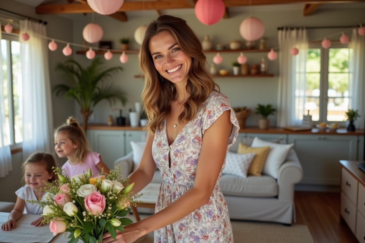 Femme souriante arrangeant un bouquet dans un salon chaleureux