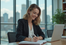 Femme en blazer au bureau avec skyline en arrière-plan