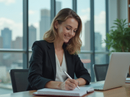 Femme en blazer au bureau avec skyline en arrière-plan