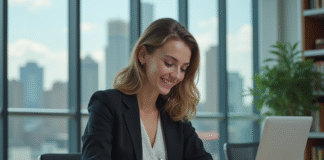 Oulala.net: la clé pour élargir votre horizon professionnel Femme en blazer au bureau avec skyline en arrière-plan