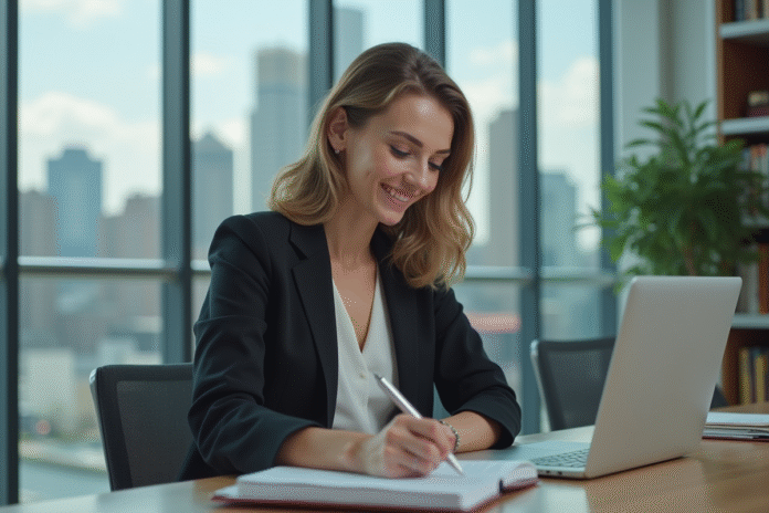femme-bureau-optimiste Femme en blazer au bureau avec skyline en arrière-plan