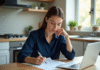 Taux prêt hypothécaire : Comment le calculer efficacement ? Femme examinant un formulaire de prêt immobilier dans la cuisine