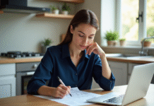 Femme examinant un formulaire de prêt immobilier dans la cuisine