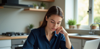 Taux prêt hypothécaire : Comment le calculer efficacement ? Femme examinant un formulaire de prêt immobilier dans la cuisine