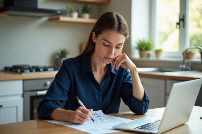 femme-calcul-mortgage-kitchen Femme examinant un formulaire de prêt immobilier dans la cuisine