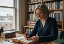 Femme lisant et estampant un livre dans sa bibliothèque