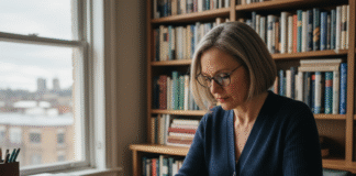 Pourquoi les lecteurs exigeants adoptent le tampon personnel Femme lisant et estampant un livre dans sa bibliothèque