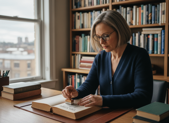 Femme lisant et estampant un livre dans sa bibliothèque