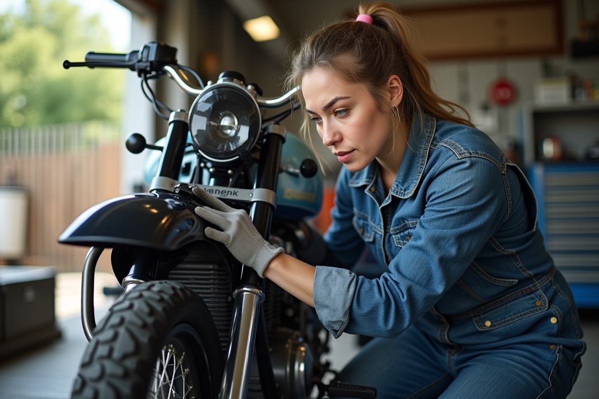 Femme mécanicienne inspectant une moto Avenger 125 en atelier