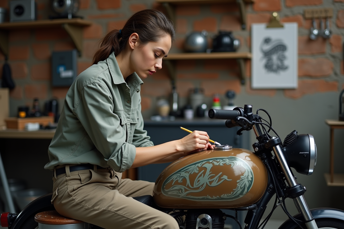 Femme peint un design sur le réservoir de la moto