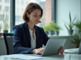 Comparatif des meilleures tablettes Windows professionnelles en 2025 Femme professionnelle utilisant des tablettes dans un bureau moderne