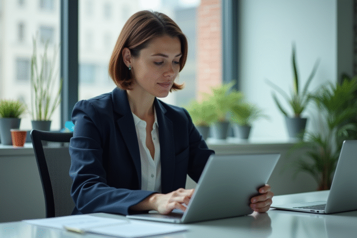 Femme professionnelle utilisant des tablettes dans un bureau moderne
