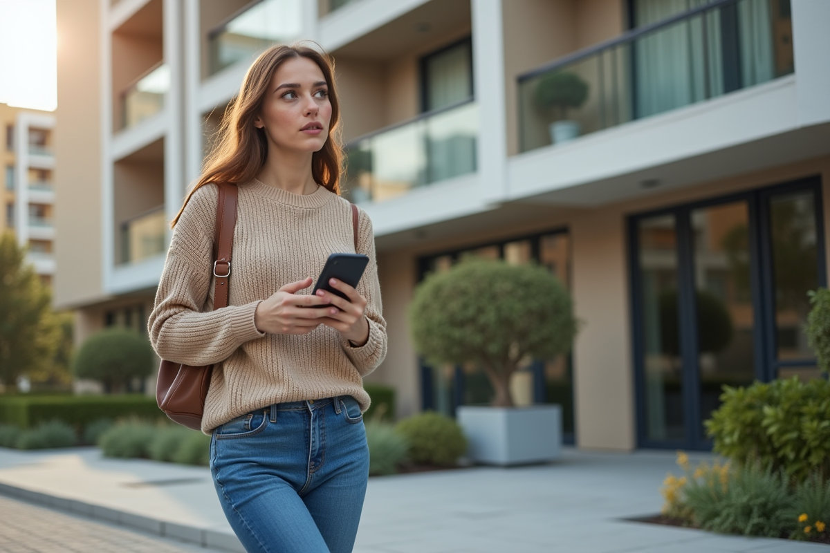 Femme marchant devant un bâtiment résidentiel neuf avec smartphone