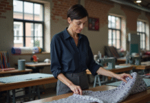 Textile en France : situation, perspectives et tendances actuelles Femme française examinant un tissu dans un atelier textile