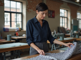 Femme française examinant un tissu dans un atelier textile