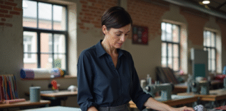 Textile en France : situation, perspectives et tendances actuelles Femme française examinant un tissu dans un atelier textile