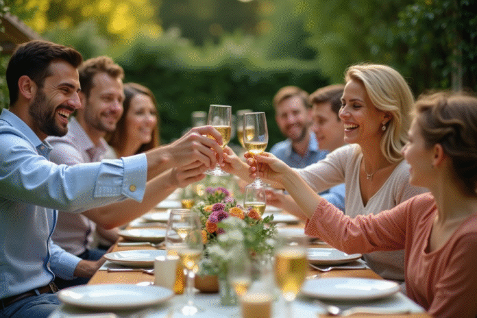 Groupe d'amis et famille qui trinquent lors d'une fête en plein air