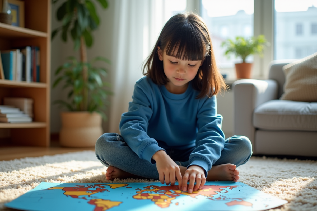 Jeune fille résolvant un puzzle du monde à la maison