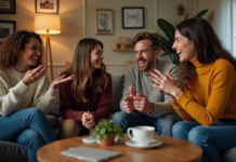 Groupe d'adultes rieurs jouant aux charades dans un salon chaleureux