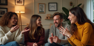 Animer une fête ennuyeuse : idées et activités pour un événement réussi Groupe d'adultes rieurs jouant aux charades dans un salon chaleureux