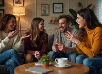 Animer une fête ennuyeuse : idées et activités pour un événement réussi Groupe d'adultes rieurs jouant aux charades dans un salon chaleureux