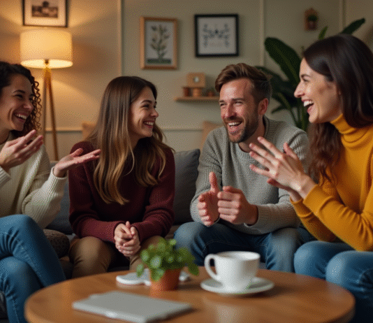 Groupe d'adultes rieurs jouant aux charades dans un salon chaleureux