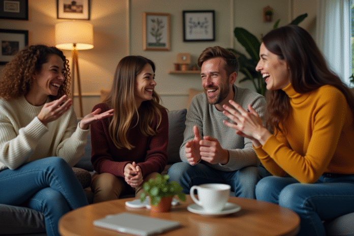 Groupe d'adultes rieurs jouant aux charades dans un salon chaleureux