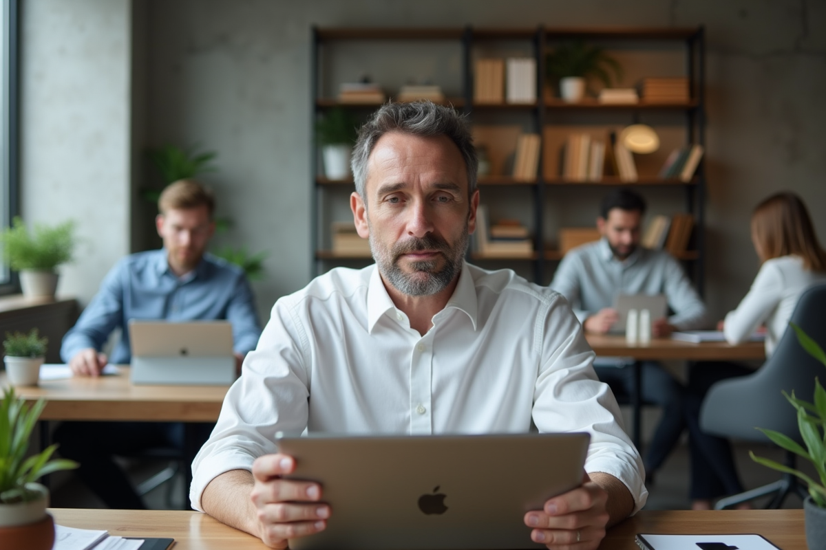 Homme d affaires comparant des tablettes dans un espace de coworking