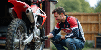 Manuel d’entretien pour votre moto-cross 125cc pour adulte Homme nettoyant la chaîne d'un motocross 125cc en extérieur