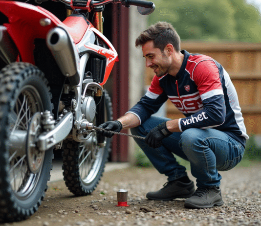 Manuel d’entretien pour votre moto-cross 125cc pour adulte Homme nettoyant la chaîne d'un motocross 125cc en extérieur