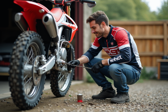Homme nettoyant la chaîne d'un motocross 125cc en extérieur