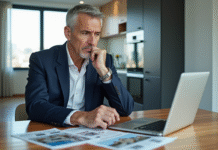 Homme en costume dans un appartement moderne réfléchissant à l'immobilier