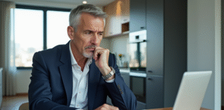 Achat en 2025 : faut-il vraiment investir ? Homme en costume dans un appartement moderne réfléchissant à l'immobilier