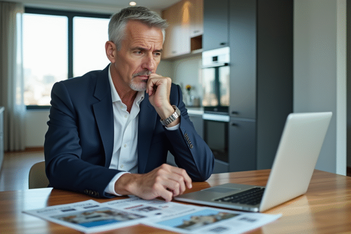 Homme en costume dans un appartement moderne réfléchissant à l'immobilier