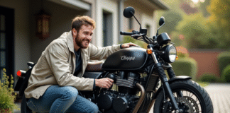 Personnaliser sa Dax Chappy : astuces et idées singulières Homme en extérieur installe des miroirs sur sa moto