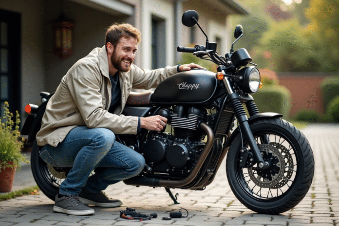 Homme en extérieur installe des miroirs sur sa moto