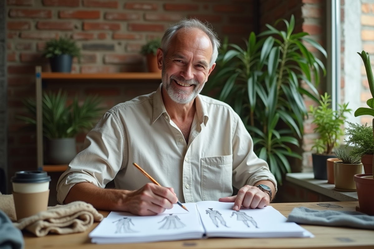 Homme en vêtements bio dans un studio créatif