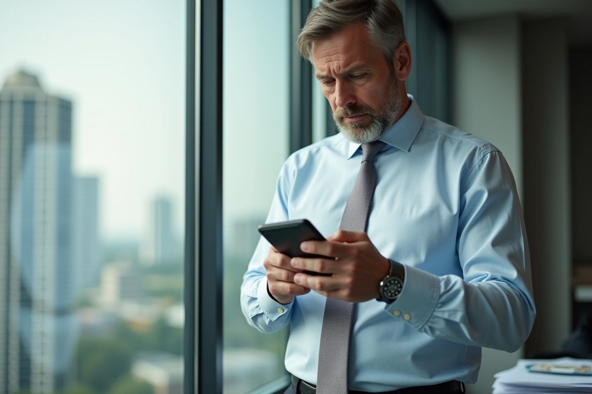 Homme d affaires utilisant un calculateur sur smartphone dans un bureau