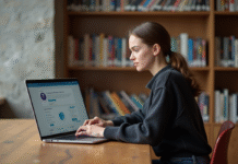Réussir ses études avec l’outil numérique Touraine E-School Jeune femme concentrée sur son ordinateur dans une bibliothèque moderne